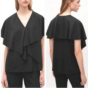 COS Raw-Edge Short Sleeve Stretch V-neck Top Shirt black XS